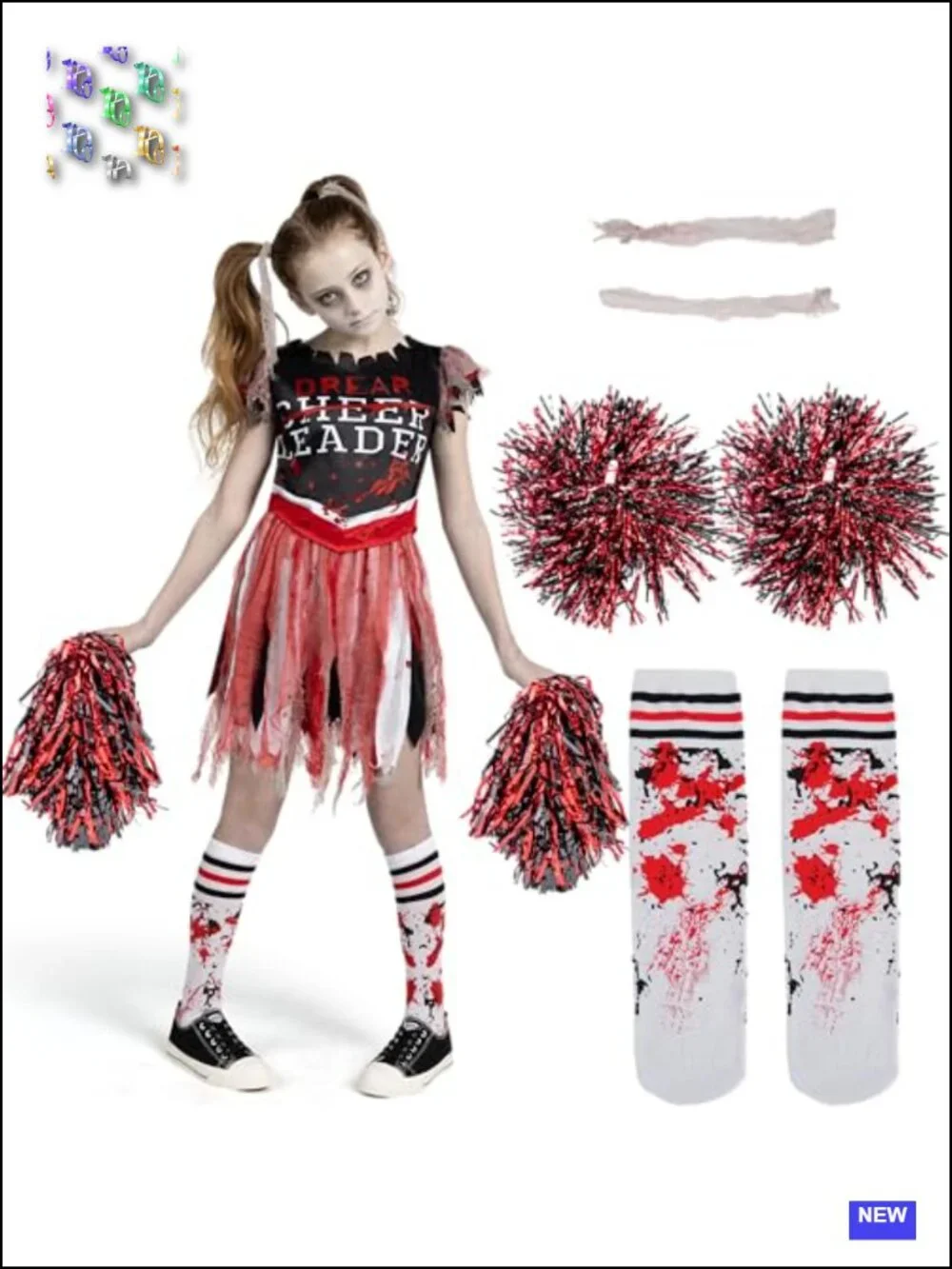 Girls Zombie Cheerleader Costume Set with Pom Poms